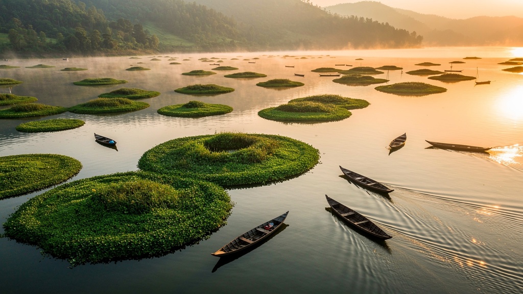 Loktak Lake at dawn, Manipur's floating islands of vegetation in golden morning mist