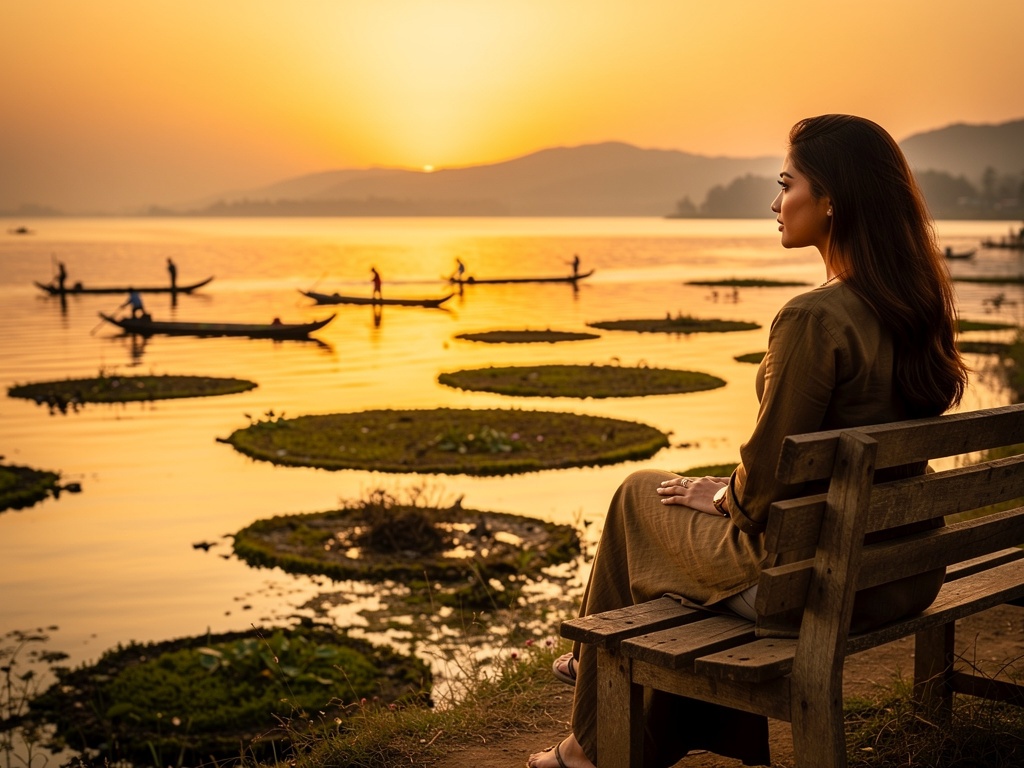 Sunset over Loktak Lake with fishing boats