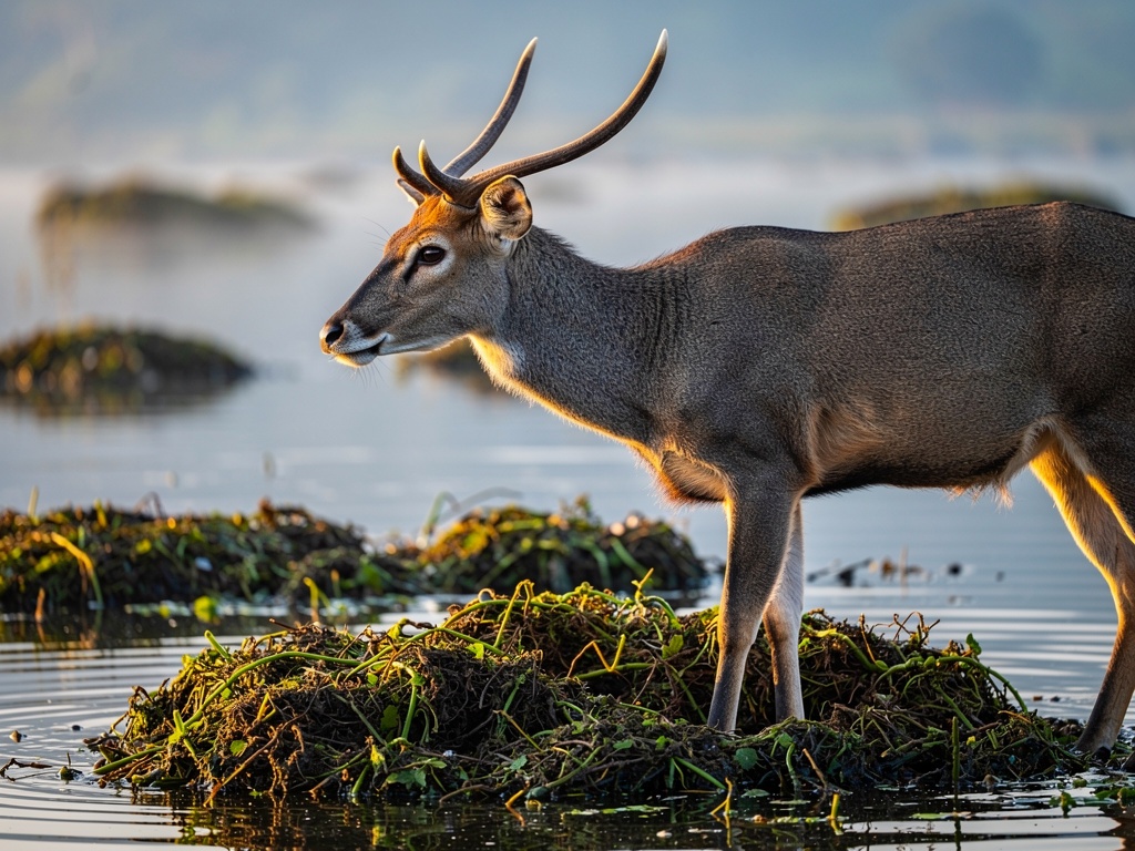 Endangered Sangai deer on floating phumdis at Keibul Lamjao